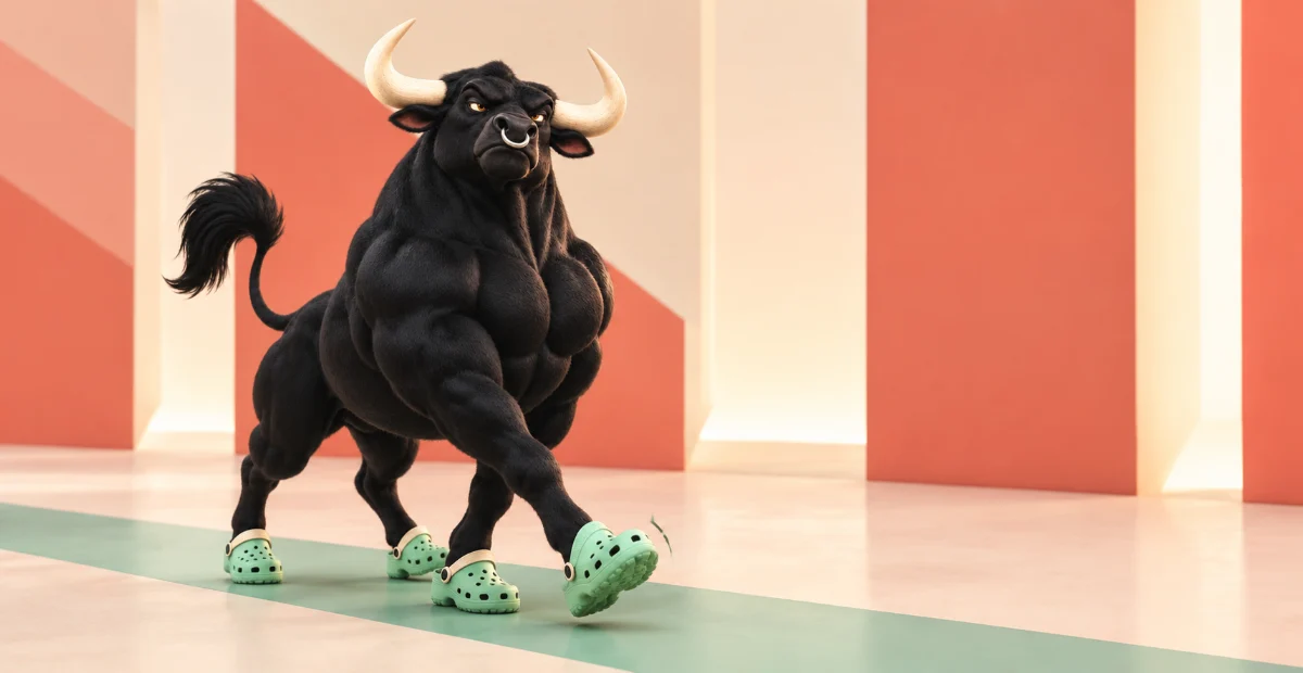bullwifclogs mid-strut along the mint runway stripe
